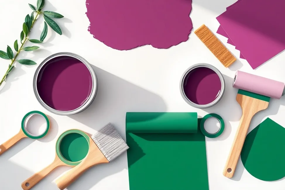 Pots de peinture, nuancier, brosses et rouleaux disposés à plat