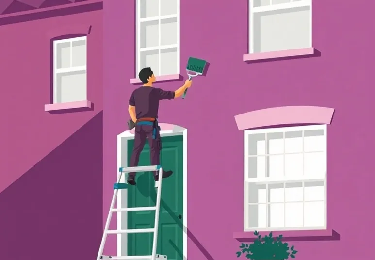 Peintre sur échafaudage traitant la façade d'une maison