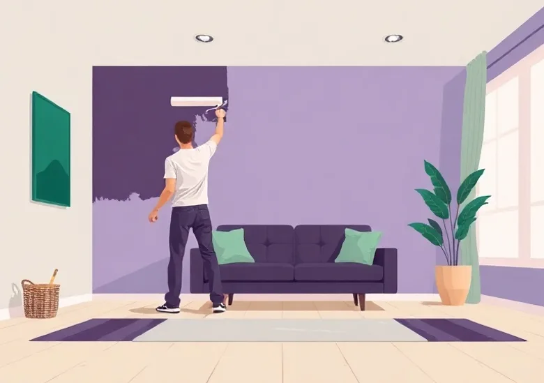 Peintre appliquant la peinture au rouleau sur un mur de salon